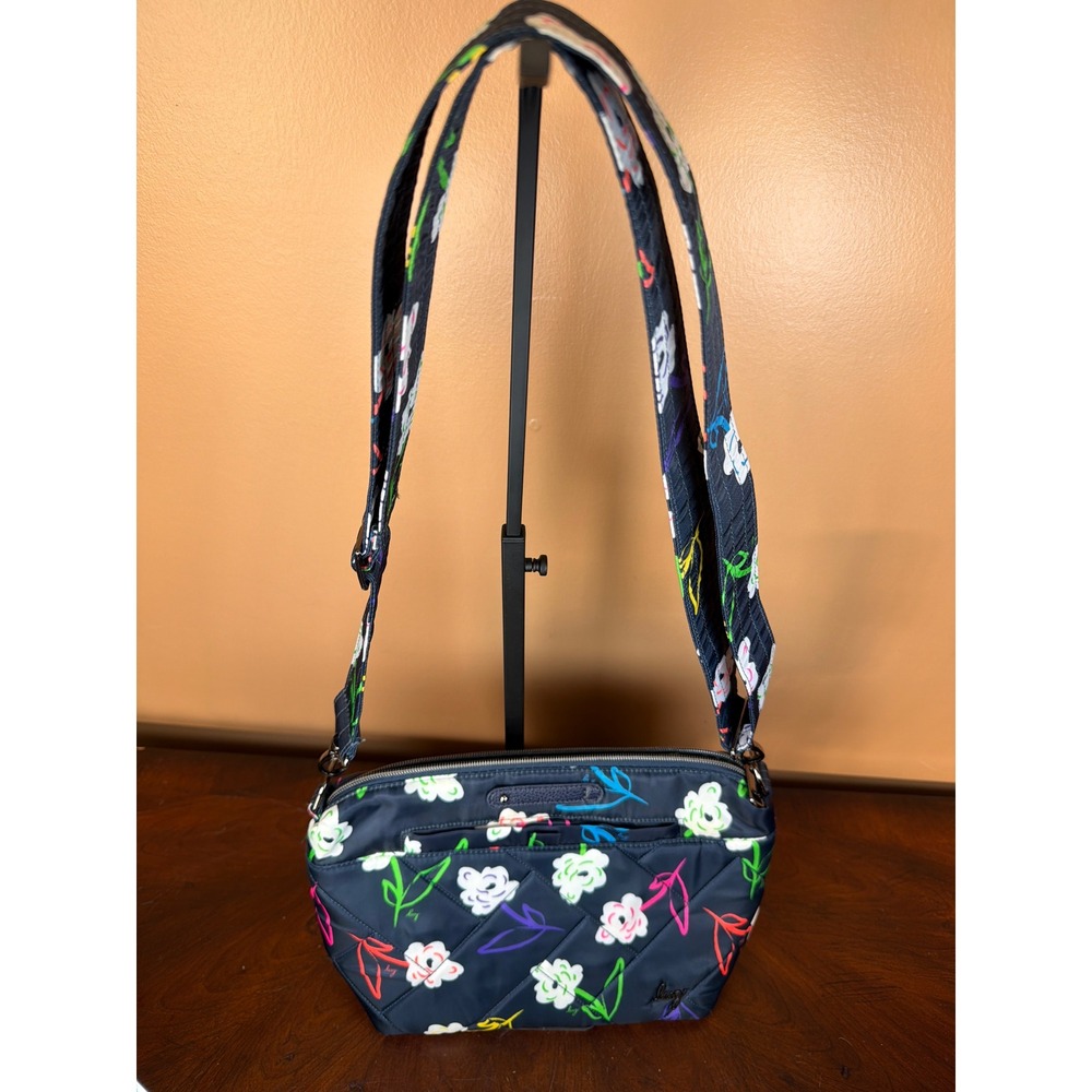 Flare Crossbody Bag Navy Blue Floral Sketch Quilted Adjustable Strap Multi-Zip